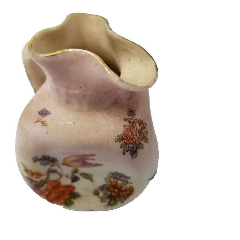 Vintage Porcelain Victoria Carlsbad Squashed Pitcher Vase Pink Floral 3.25"
